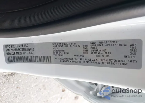 2021 Ram 1500 Limited Longhorn 4X4 5'7 Box из США, поврежденный, VIN 1C6SRFKT6MN812010